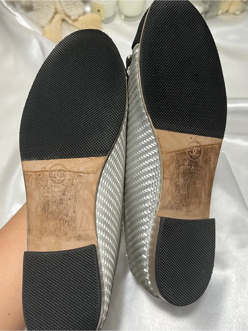 CHANEL Silver and Black Quilted Cap-Toe Ballet Flats